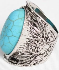 Leto Accessories Clothing, Accessories & Mens Round Turquoise Stone Floral Engraved Silver Ring