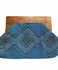 Chloe & Lex Blue- Beaded Clutch With Wooden Handle Clothing, Accessories & Mens