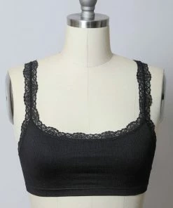 Leto Accessories Black Ribbed Crop Tank Lace Strap Bralette