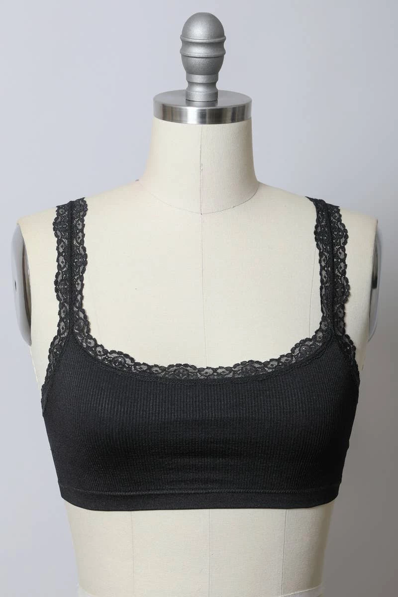 Buy ⌛ Leto Accessories Black Ribbed Crop Tank Lace Strap Bralette 👍 1 Leto Accessories Black Ribbed Crop Tank Lace Strap Bralette