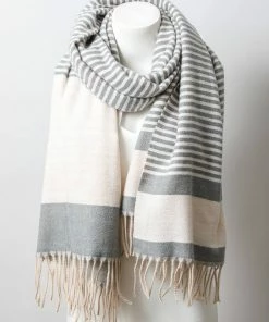 Leto Accessories Grey And White Contemporary Stripe Woven Tassel Scarf Clothing, Accessories & Mens