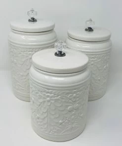 Drew Derose Design Set Of 3 White Canister With Crystal Knobs
