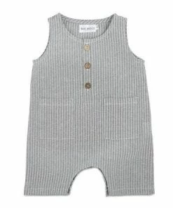Babe Basics Grey & White Striped Sleeveless Crop Linen Baby Romper