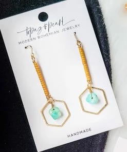Topaz & Pearl Clothing, Accessories & Mens Hexagon Drop Earrings, Turquoise & Mustard