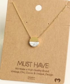 Fame Accessories Small White Marble Circle Stone Metal Pendant Necklace