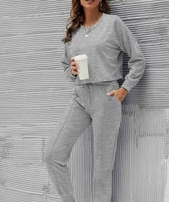 ESLEY Grey Cropped Top And Pant Knitted Two Pieces Set