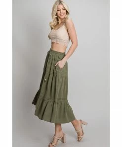 Allie Rose Olive Linen Tiered Midi Skirt With Pintuck Detail