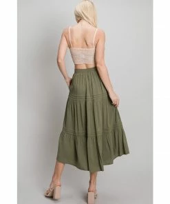 Allie Rose Olive Linen Tiered Midi Skirt With Pintuck Detail